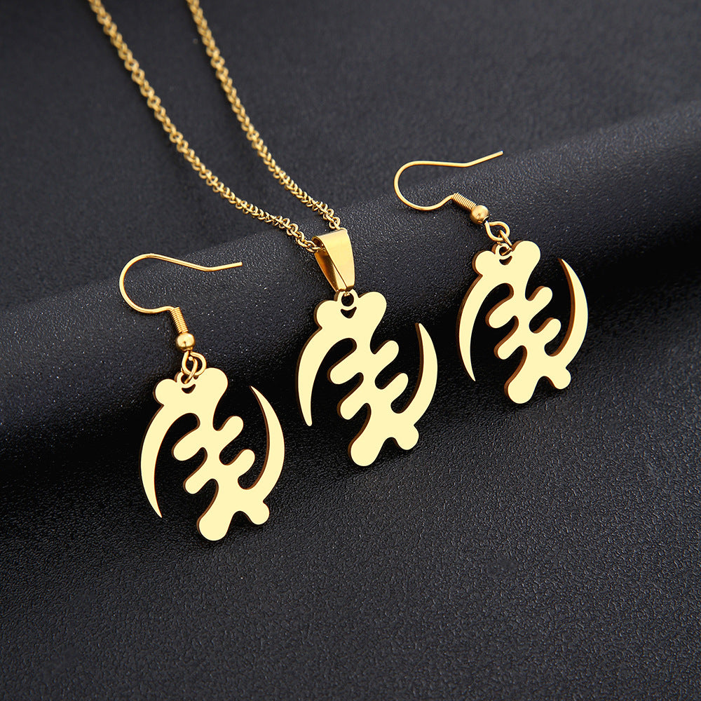Collar y pendientes de mujer de acero inoxidable chapado en oro con colgante de símbolo africano geométrico de moda