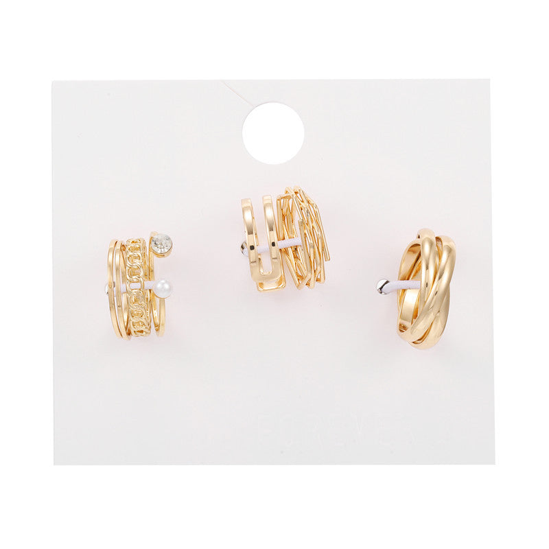 Vintage Geometric Round Alloy Plated Ring Set with Pearl Inlay for Women