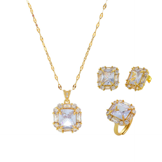 Vintage-Inspired Geometric Square Rhinestone-Set Titanium Steel Necklace Earrings and Ring Set for Women