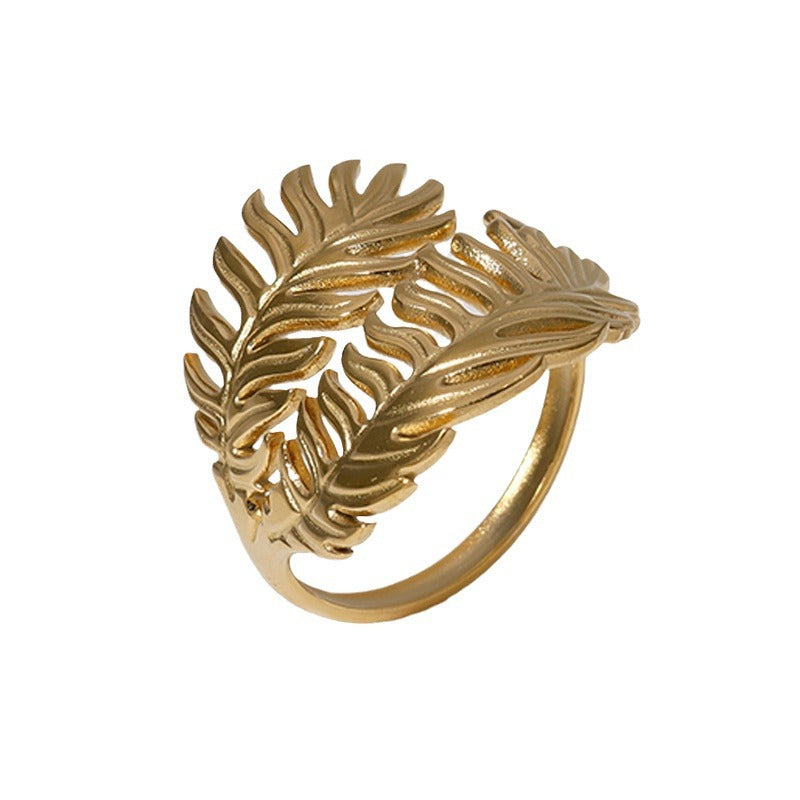 Anello da donna minimalista a forma di foglia in acciaio inossidabile con finitura placcata, fascia aperta regolabile