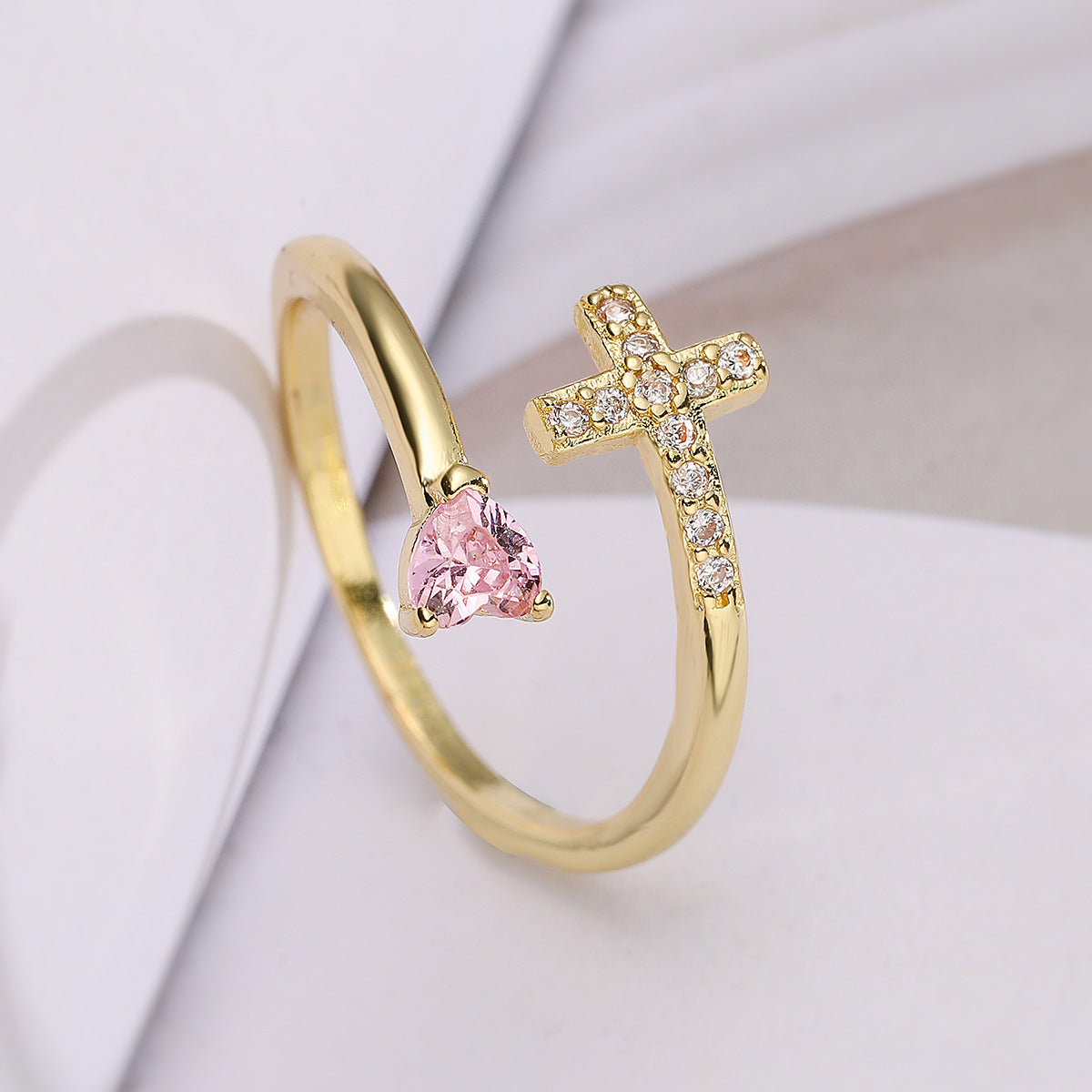 Minimalist 18K Gold Plated Brass Micro-inlay Cubic Zirconia Heart Cross Geometric Open Ring for Women