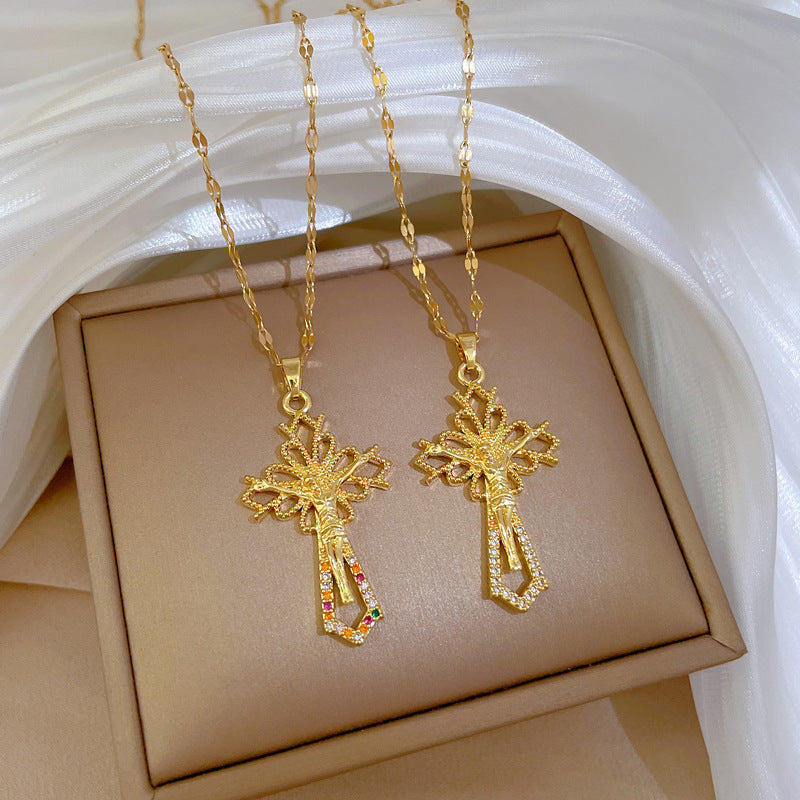 Minimalist Cross Pendant Necklace for Women in Titanium Steel with Micro-Pavé Rhinestones on Cross Chain