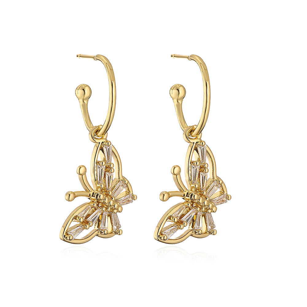 Eleganti Orecchini a Farfalla in Rame Stile Francese con Placcatura in Oro 18K e Intarsio di Zirconi da Donna