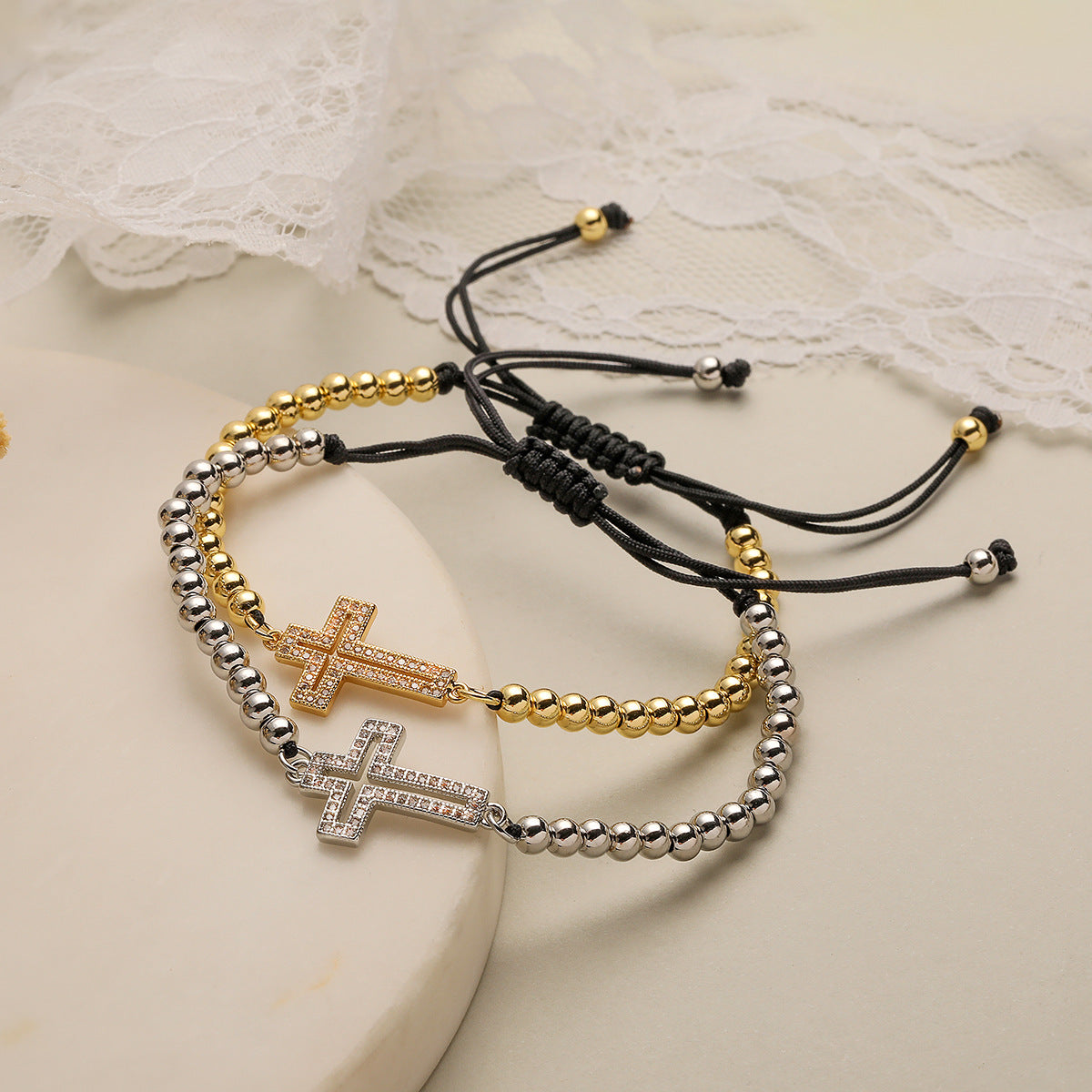 Fashion Micro-Inlaid Zircon Cross Geometric Copper Braceet with 18K Gold Plating for Women