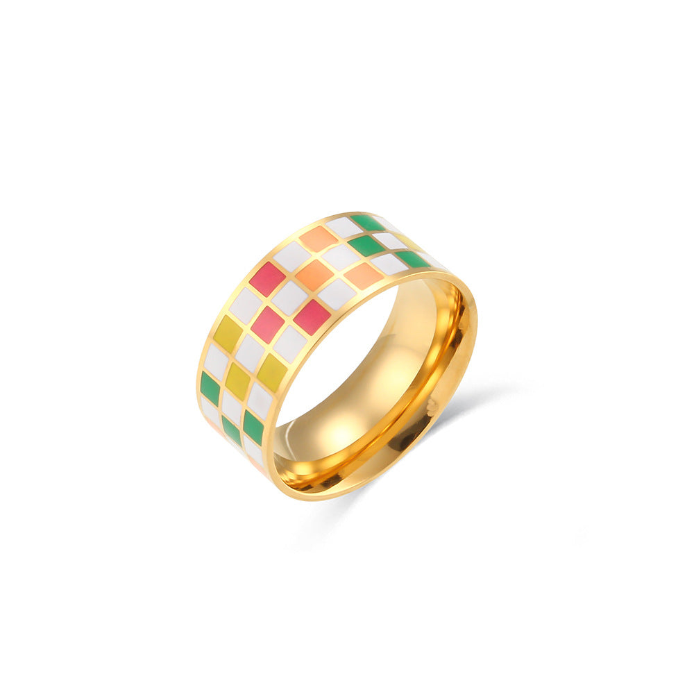 Minimalist Geometric Square Stainless Steel Plated 18K Gold Luxury Chessboard Pattern Ring for Women