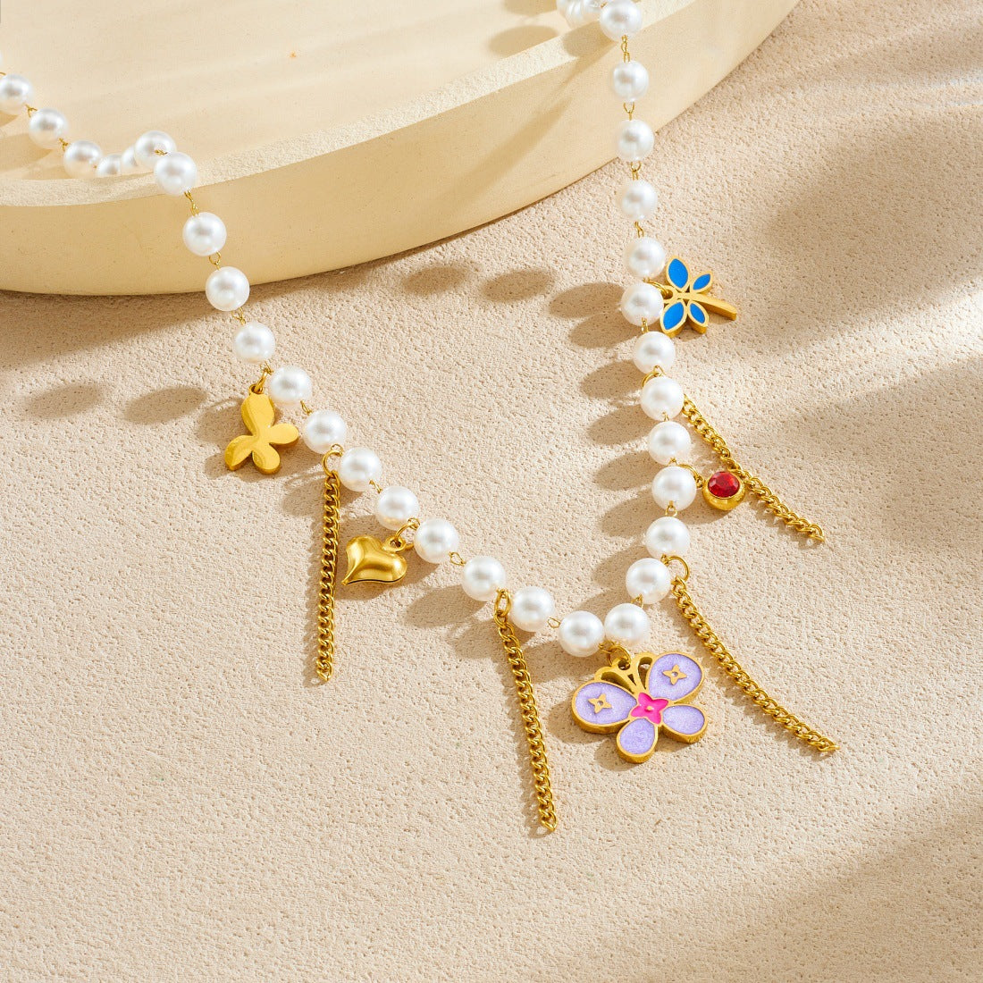 Casual Stainless Steel Plated Heart Butterfly Floral Pendant Ball Chain Necklace with Tassel and Faux Pearl