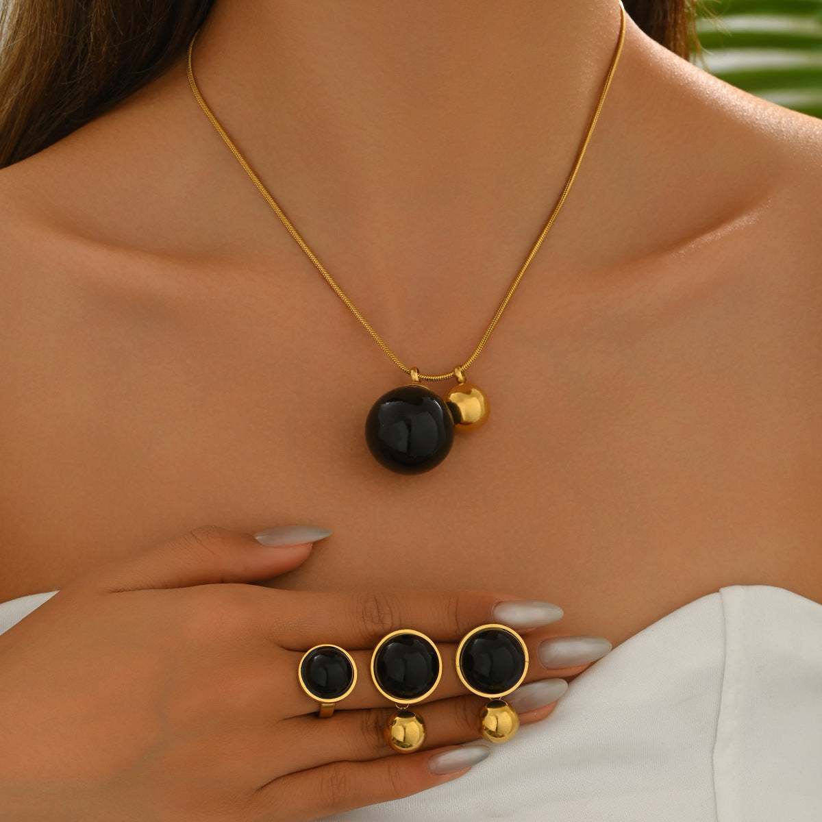 Conjunto de collar, pendientes y anillo de moda geométrica para mujer con incrustaciones de perlas, joyería de cobre, guardapelo y cadena