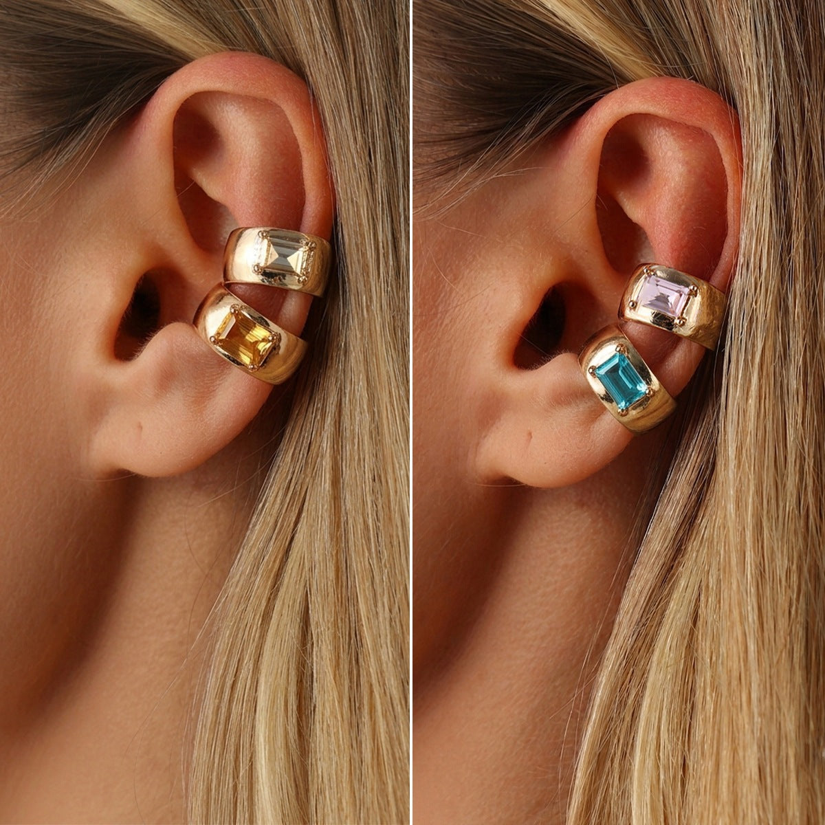 Punk Luxury Geometric Square Rhinestone Plated Zinc Alloy C-Shaped Clip-On Earrings for Women