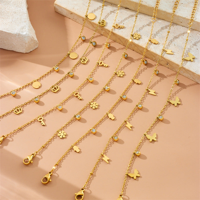 Minimalist Gold Plated Stainless Steel Butterfly Round Crown Eye Pendant Necklace and Bracelet Set for Women