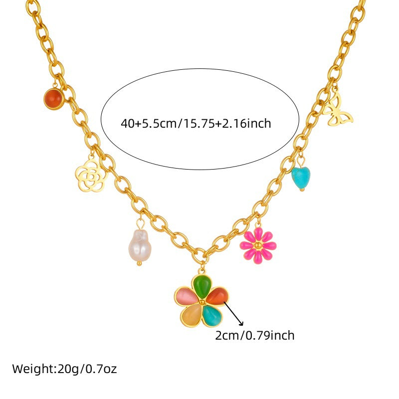 Fashion Colorful Resin Floral Butterfly Heart Hollow Pearl Stainless Steel Necklace Cable Chain