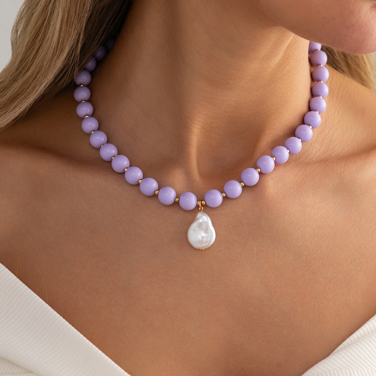 Vintage Geometric Acrylic Beaded Necklace with Baroque Pearl Pendant for Women