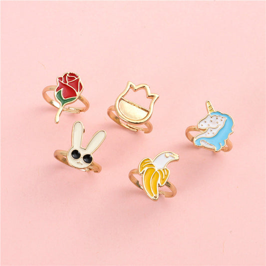 Juego de anillos ajustables de aleación con forma de conejo unicornio y fruta de dibujos animados para niños con acabado de esmalte