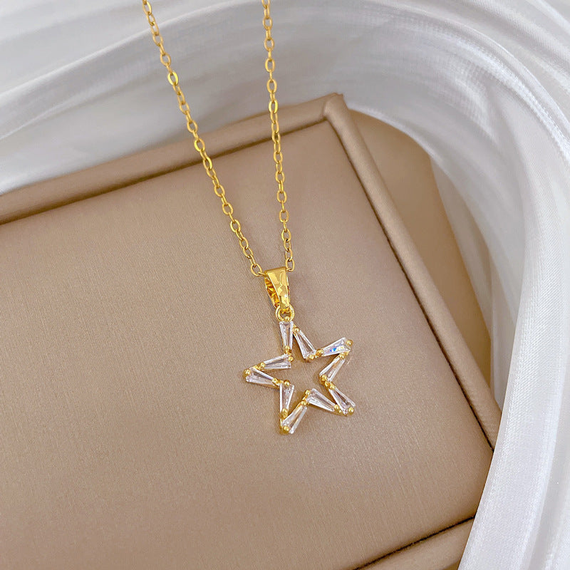 Minimalist Luxe Hollow Five-Point Star Pendant Necklace for Women Stainless Steel Chain with Rhinestone Accents