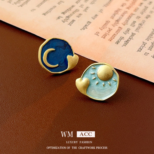 Vintage French-Style Enamel Geometric Stud Earrings in Alloy with Steel Posts for Women
