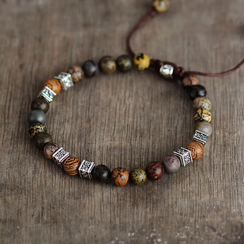 Ethnic Natural Agate Round Beaded Bracelet Unisex Handmade Adjustable Geometric Strand