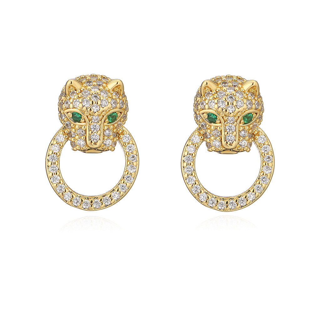 Orecchini da donna minimalisti in rame a forma di leopardo con placcatura in oro 18 carati e intarsio di zirconi