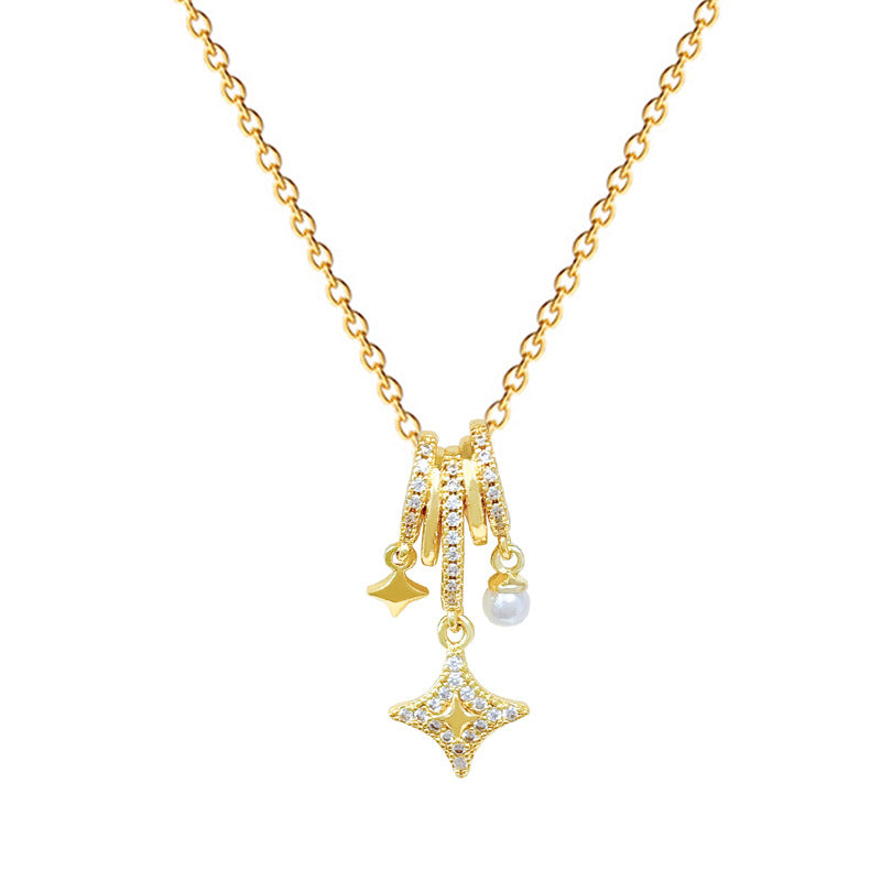 Sweet Minimalist Star Round Rhinestone Pearl Pendant Titanium Steel Necklace for Unisex