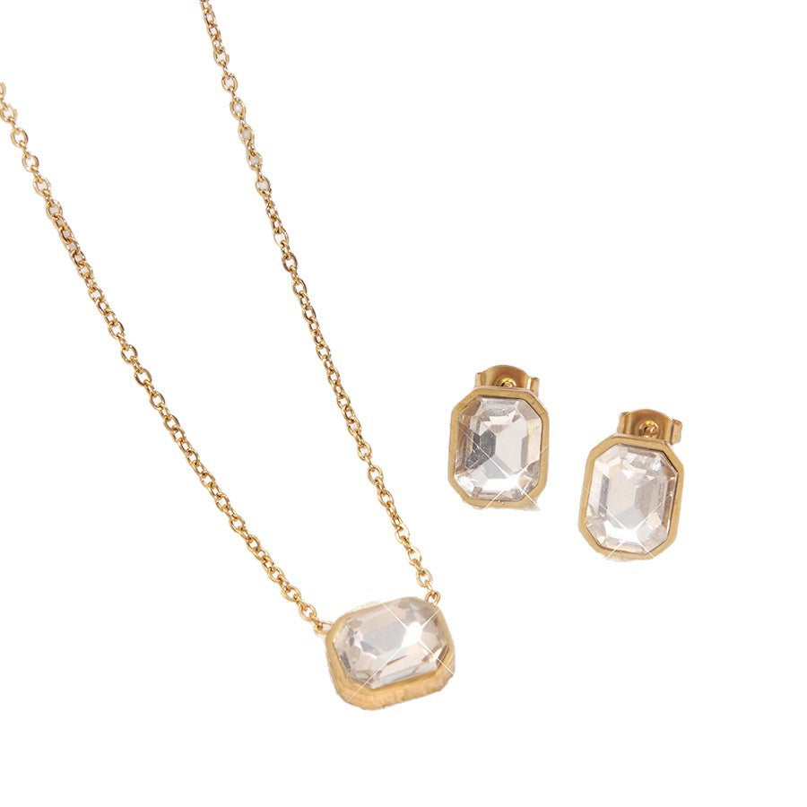 Elegant Geometric Stainless Steel Necklace and Earring Set with Cubic Zirconia Inlay