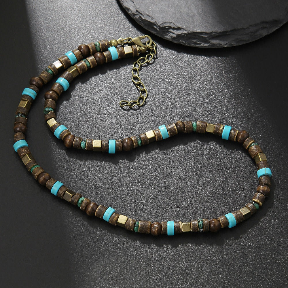 Hip-hop Punk Geometric Round Matte Stainless Steel Beaded Necklace with Alloy and Agate Pendant