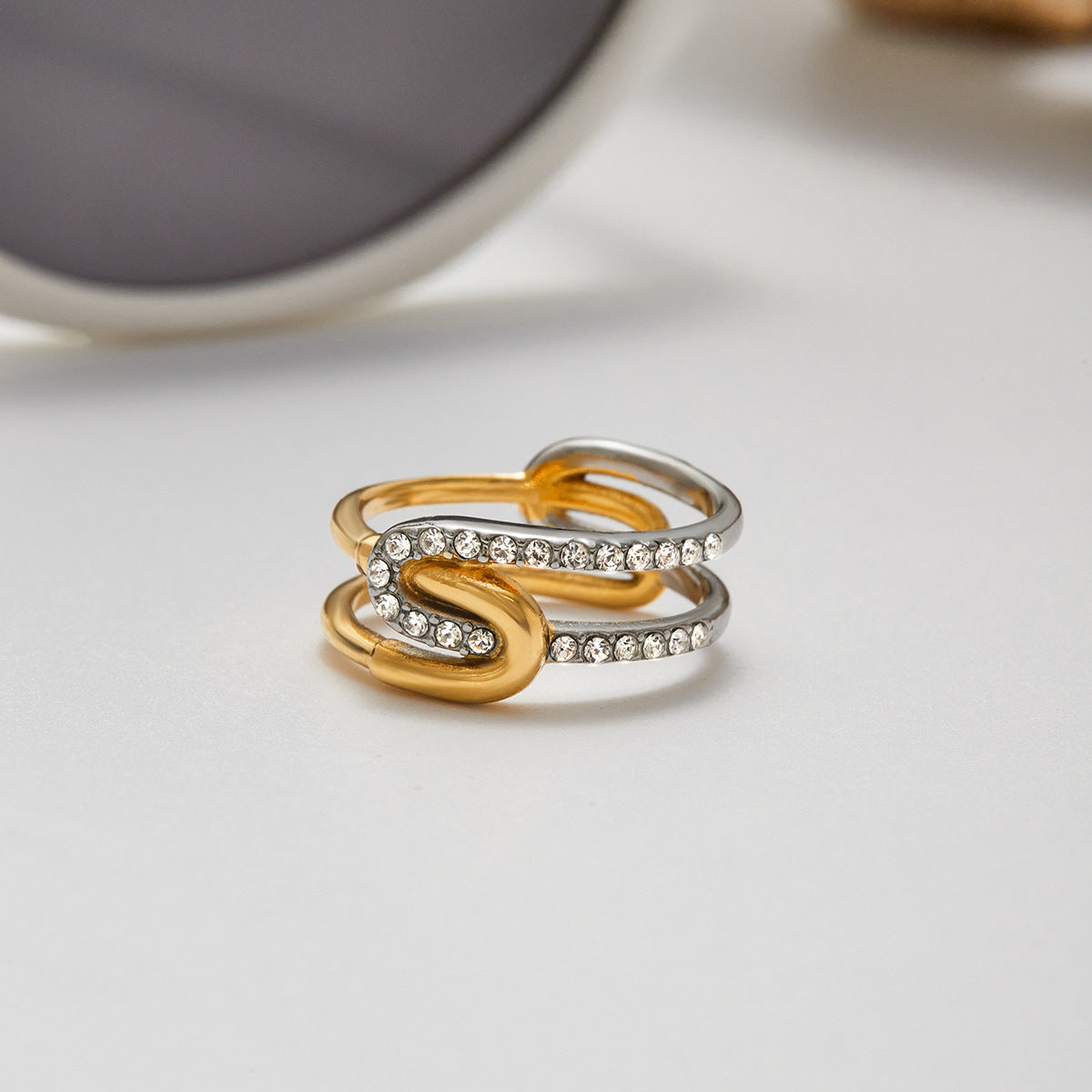 Anello geometrico in acciaio inossidabile con strass, placcato per donna, gioiello alla moda e resistente allo sbiadimento
