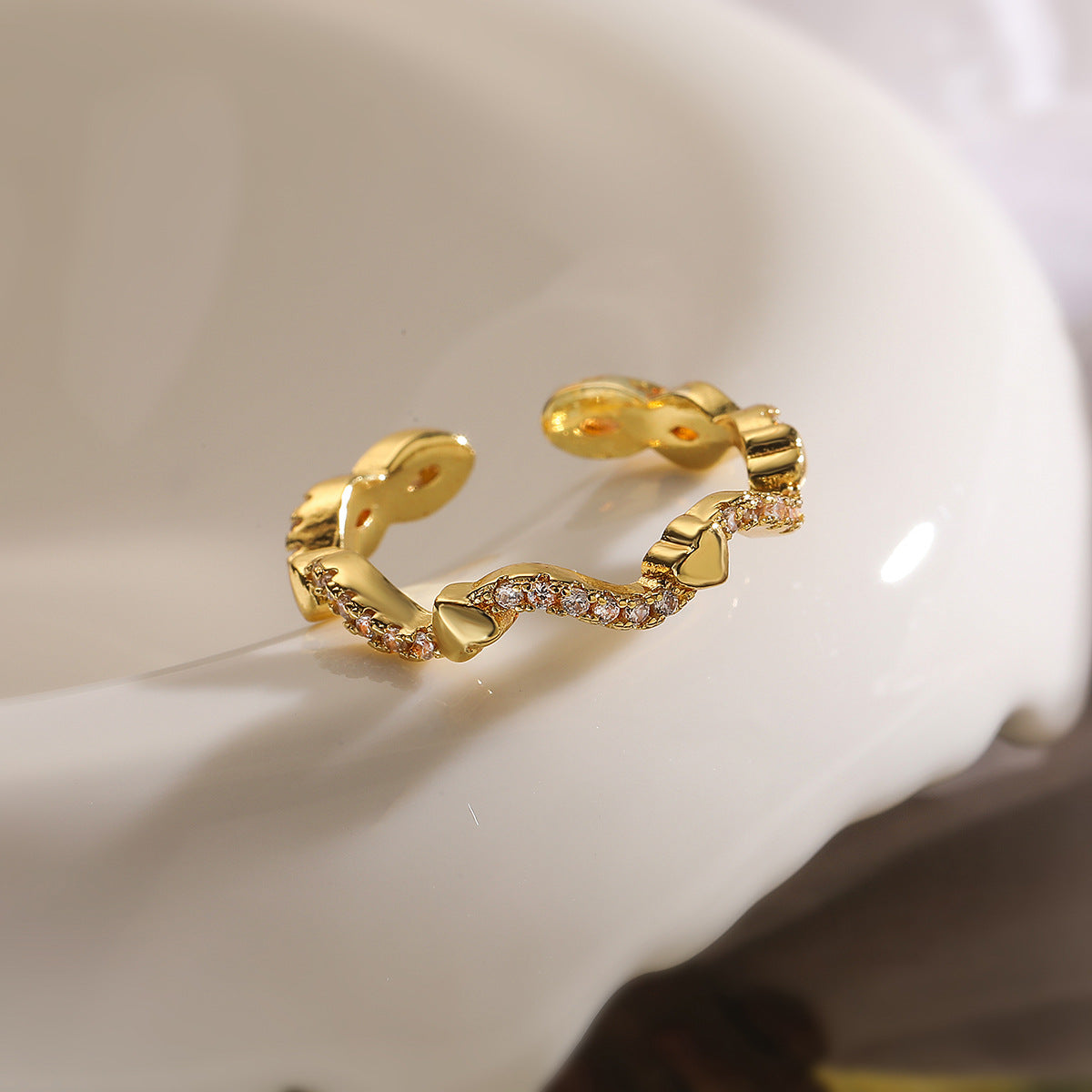 Minimalist Geometric Open Ring for Women in Brass with 18K Gold Plating and Zircon Inlay