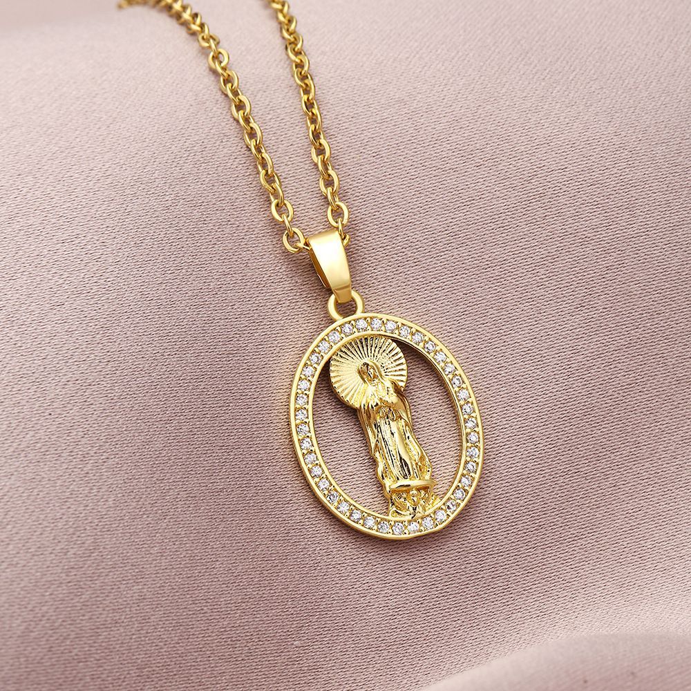 Collar con colgante de la Virgen María geométrico de moda para mujer con incrustaciones de circonita cúbica y cadena de cobre chapado en oro