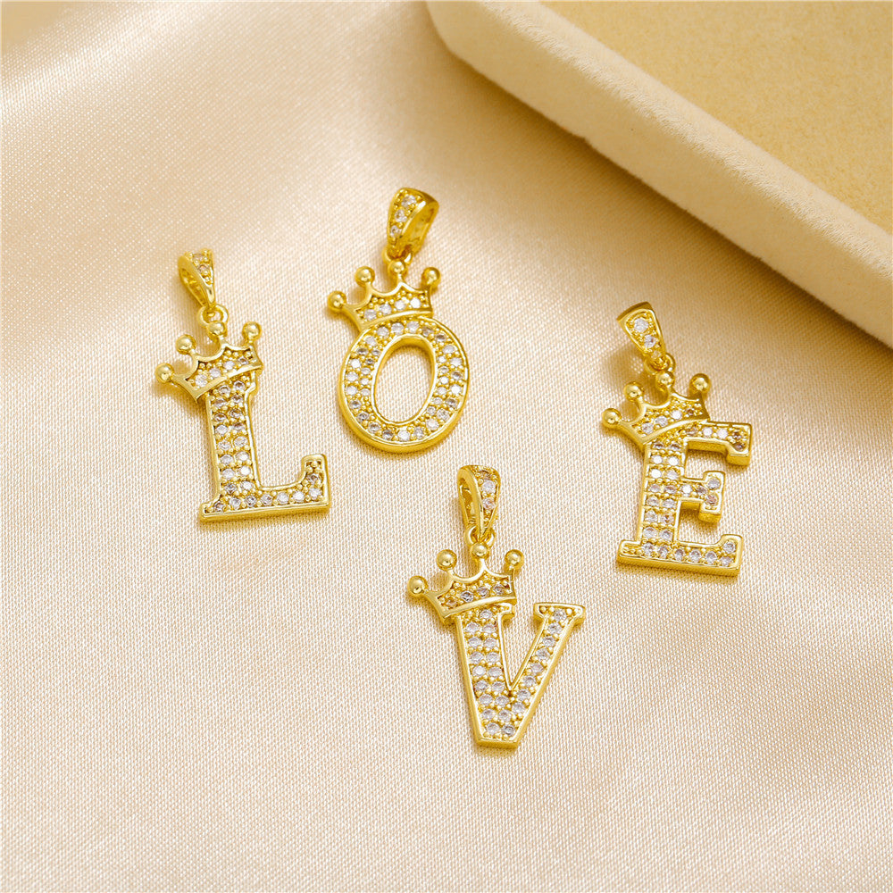Gold Plated Brass Crown Letter Charm Bar with Cubic Zirconia for DIY Necklace Bracelet