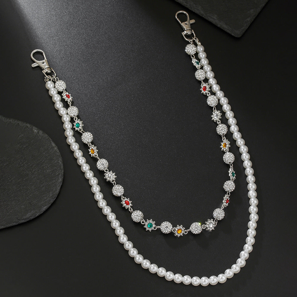 Punk Hip-hop Floral Rhinestone and Faux Pearl Polished Acrylic Waist Chain for Unisex