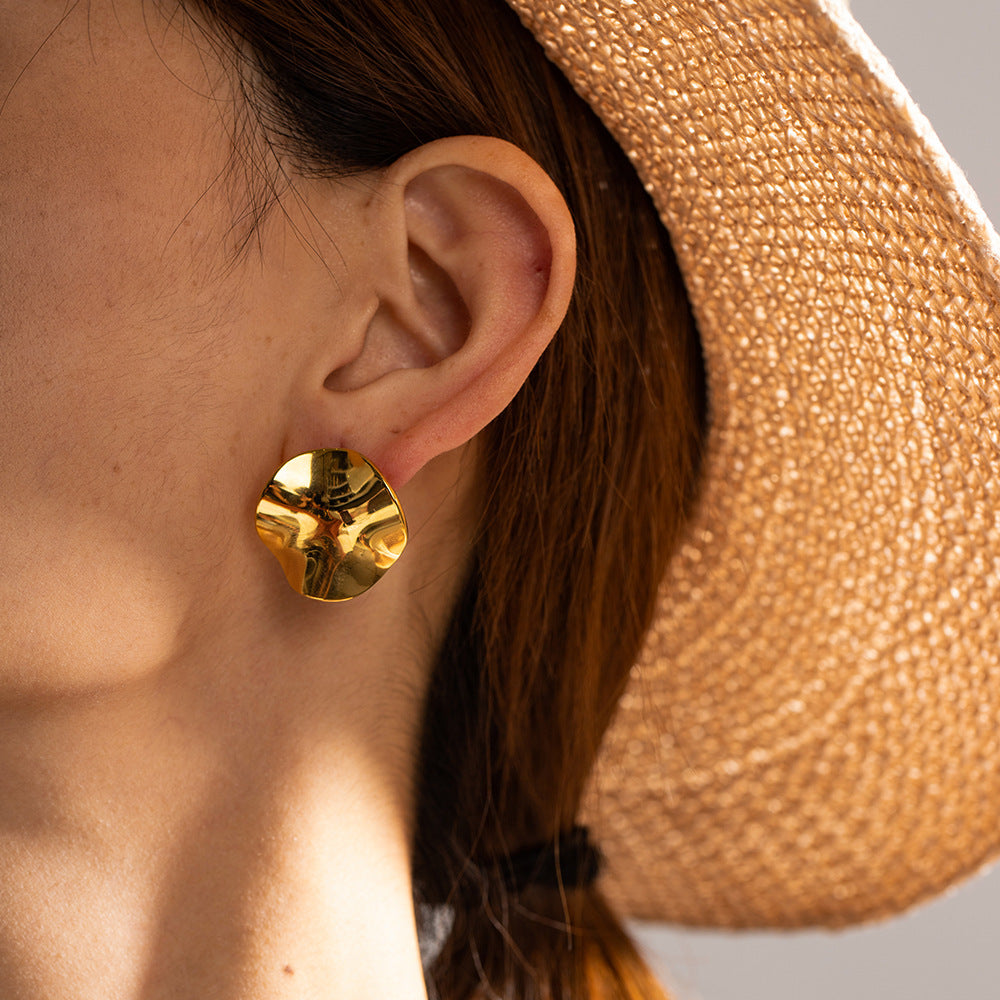 Geometric Stainless Steel Earrings with 18K Gold Plating, Textured Round Design, Elegant Women's Fashion Earrings