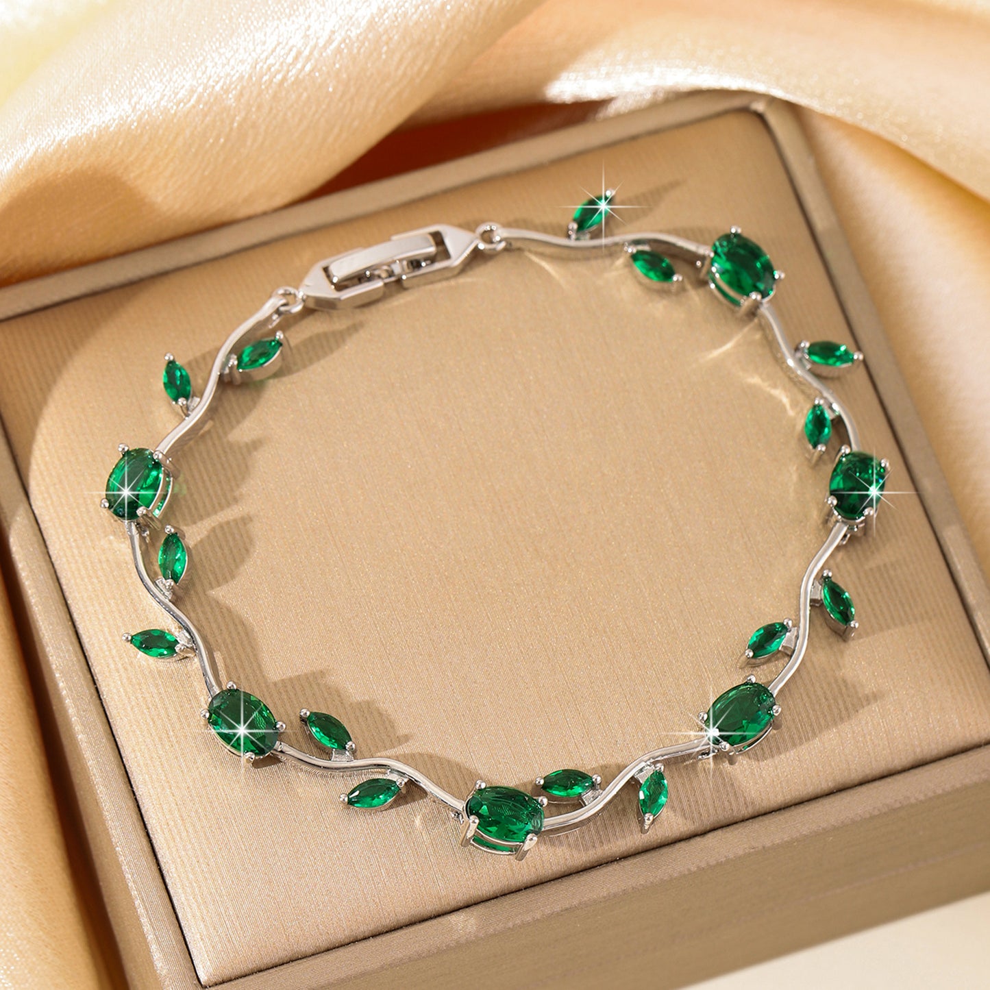 Luxury Gold Plated Brass Leaf Bracelet with Cubic Zirconia Inlay Unisex Floral Design