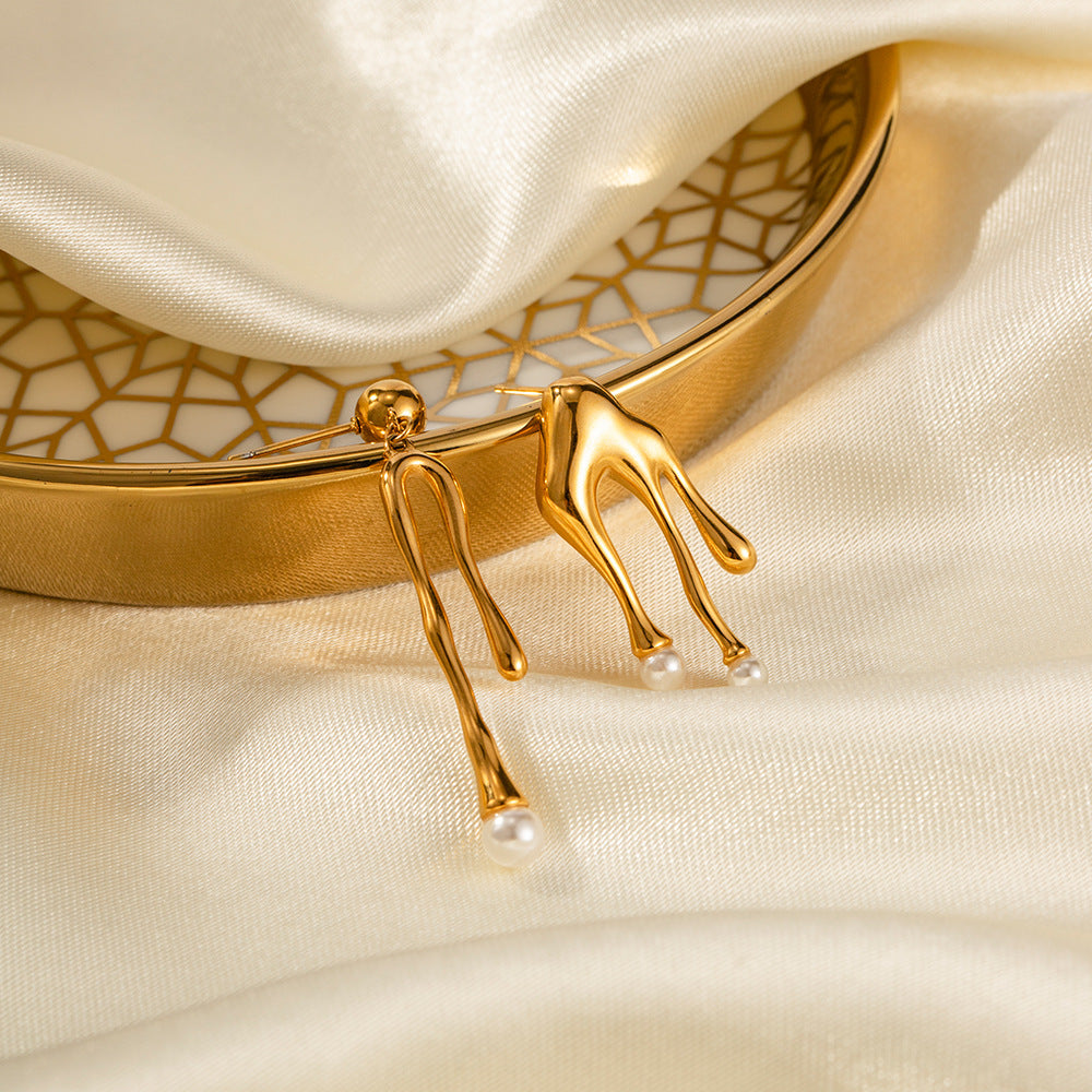 Geometric Stainless Steel Earrings with Pearl Inlay and 18K Gold Plating Titanium Steel Liquid Design for Women