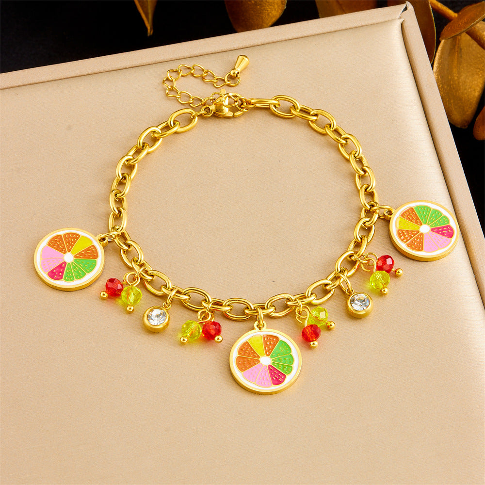 Sweet Cartoon Drip Oil Plated Stainless Steel Bracelet with Lemon Avocado Watermelon Pineapple Charms