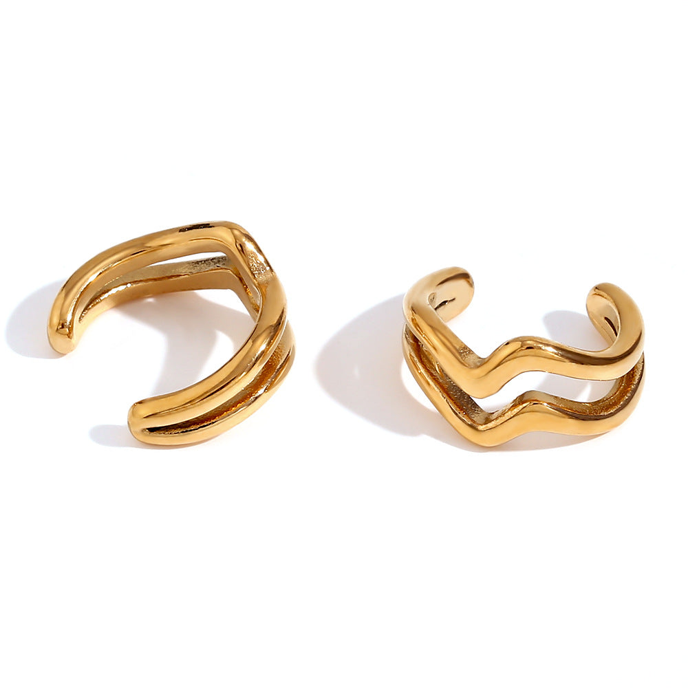 Pendientes de clip de acero inoxidable geométricos de moda minimalistas con chapado en oro de 18 quilates y textura de doble onda para mujer