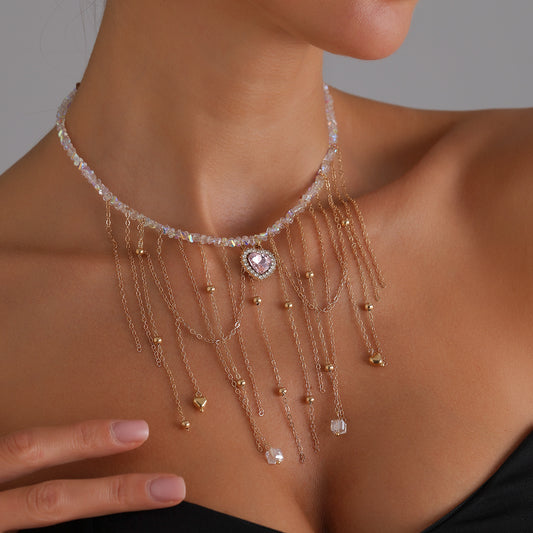 Romántico Collar con Colgante de Aleación con Forma de Corazón Rosa con Borlas y Acabado Galvanizado para Mujer