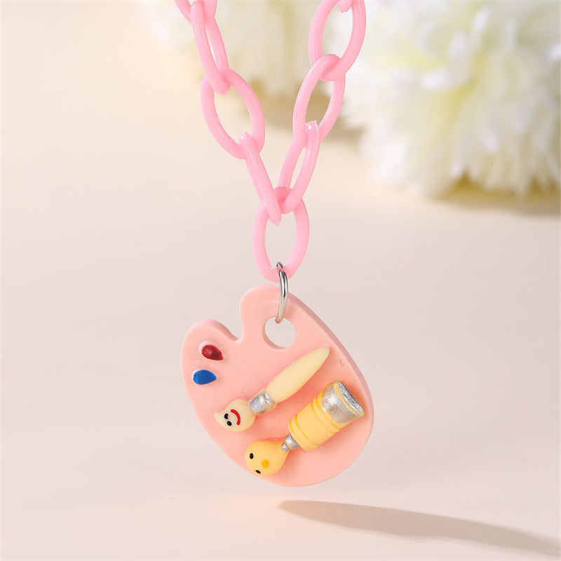 Minimalist Bowknot Acrylic Pendant Necklace for Girls with Enamel Finish and Beaded Chain