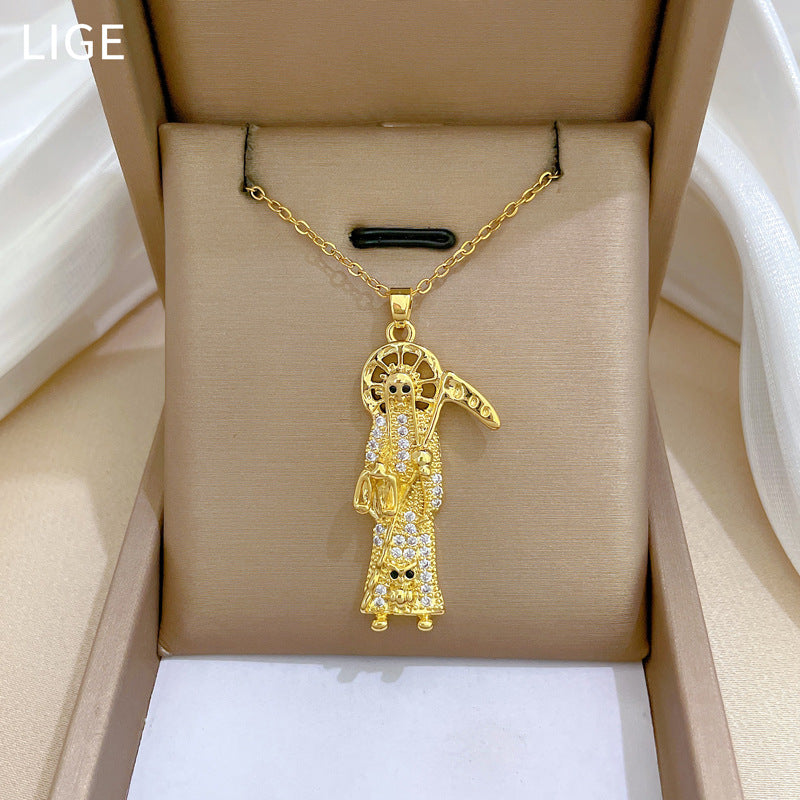 Collana con ciondolo a mezza luna minimalista in acciaio al titanio con intarsio completo di strass per donne e uomini