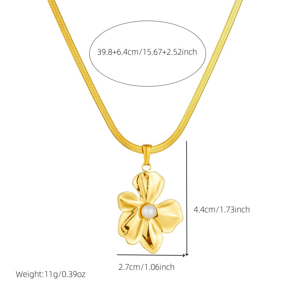 Minimalist Elegant Gold Plated Floral Stainless Steel Necklace with Pearl Serpentine Chain