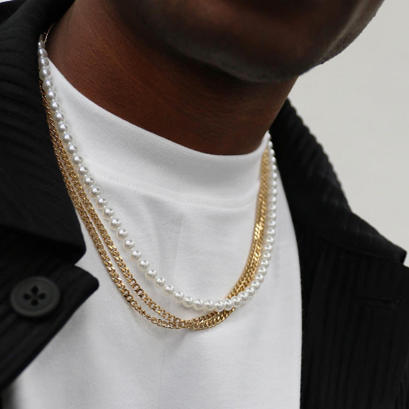 Men's Round Geometric Stainless Steel Pearl Necklace with Alloy Pendant on Cable Chain