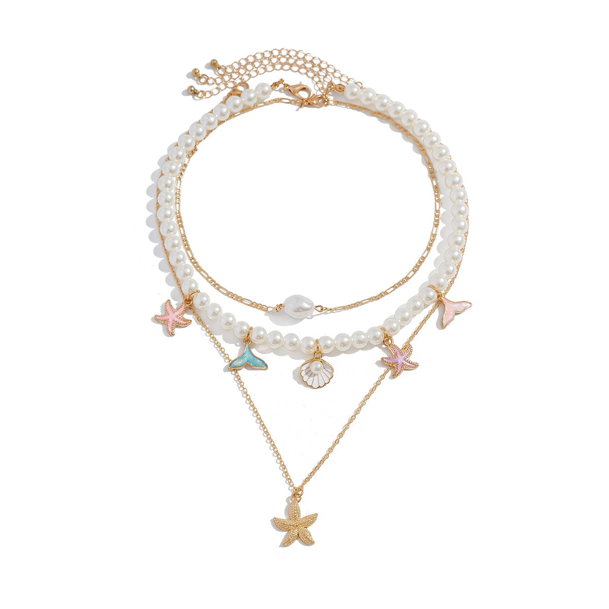 Retro Beach-Themed Star and Shell Pendant Necklace in Zinc Alloy with Plated Finish for Women