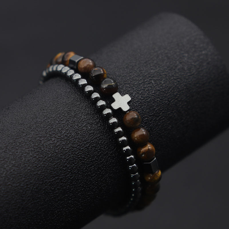 Fashion Unisex Brass Beaded Bracelet Set with Hematite Cross, Natural Lava Stone and Tiger Eye Geometric Charms