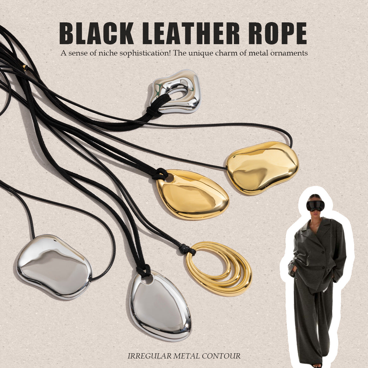 Collar de Acero de Titanio Geométrico Chapado para Mujer con Cordón Negro Cadena Ajustable para Clavícula