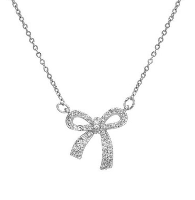 Sweet Minimalist Bow-Shaped Titanium Steel Necklace with Rhinestone Inlay for Women and Men, Delicate Clavicle Chain
