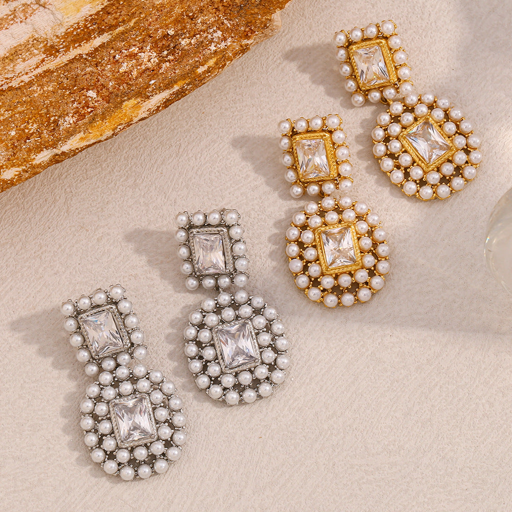 Fashionable Geometric Stainless Steel Earrings with 18K Gold Plating, Zircon and Pearl Accents for Women
