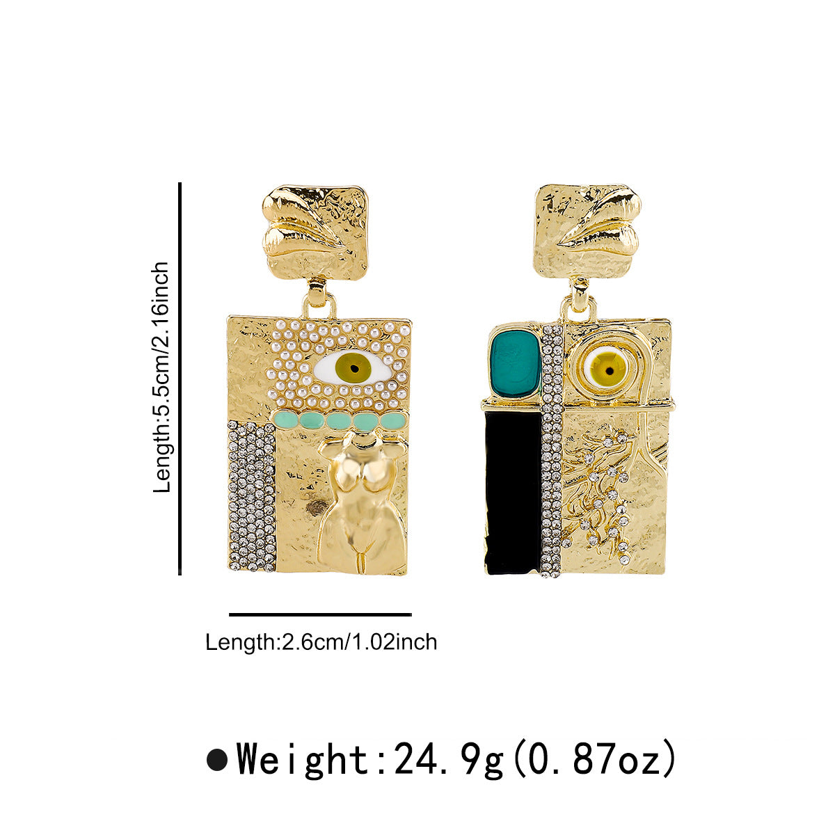 Orecchini Pendenti da Donna in Lega a Forma di Occhio Esagerata Stile Vintage con Intarsio di Strass e Finitura Smaltata, Design con Nappe