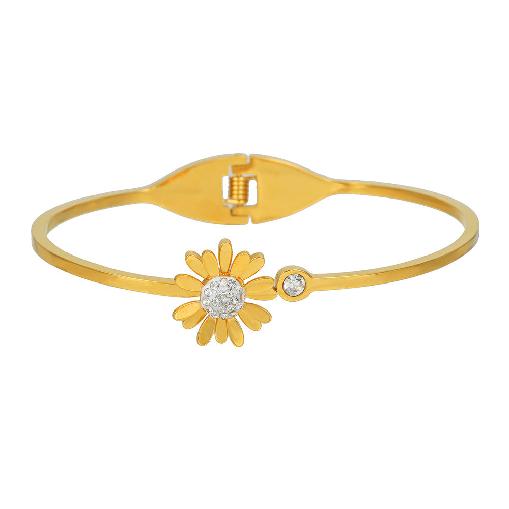 Fashion Floral Plant Rhinestone Inlay Plated Titanium Steel Open Cuff Bracelet for Women