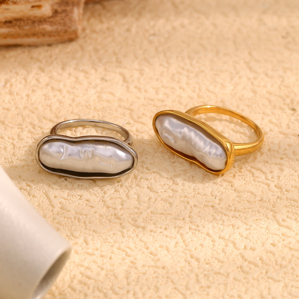 Anillo vintage geométrico de acero inoxidable con baño de oro de 18K y perla para mujer