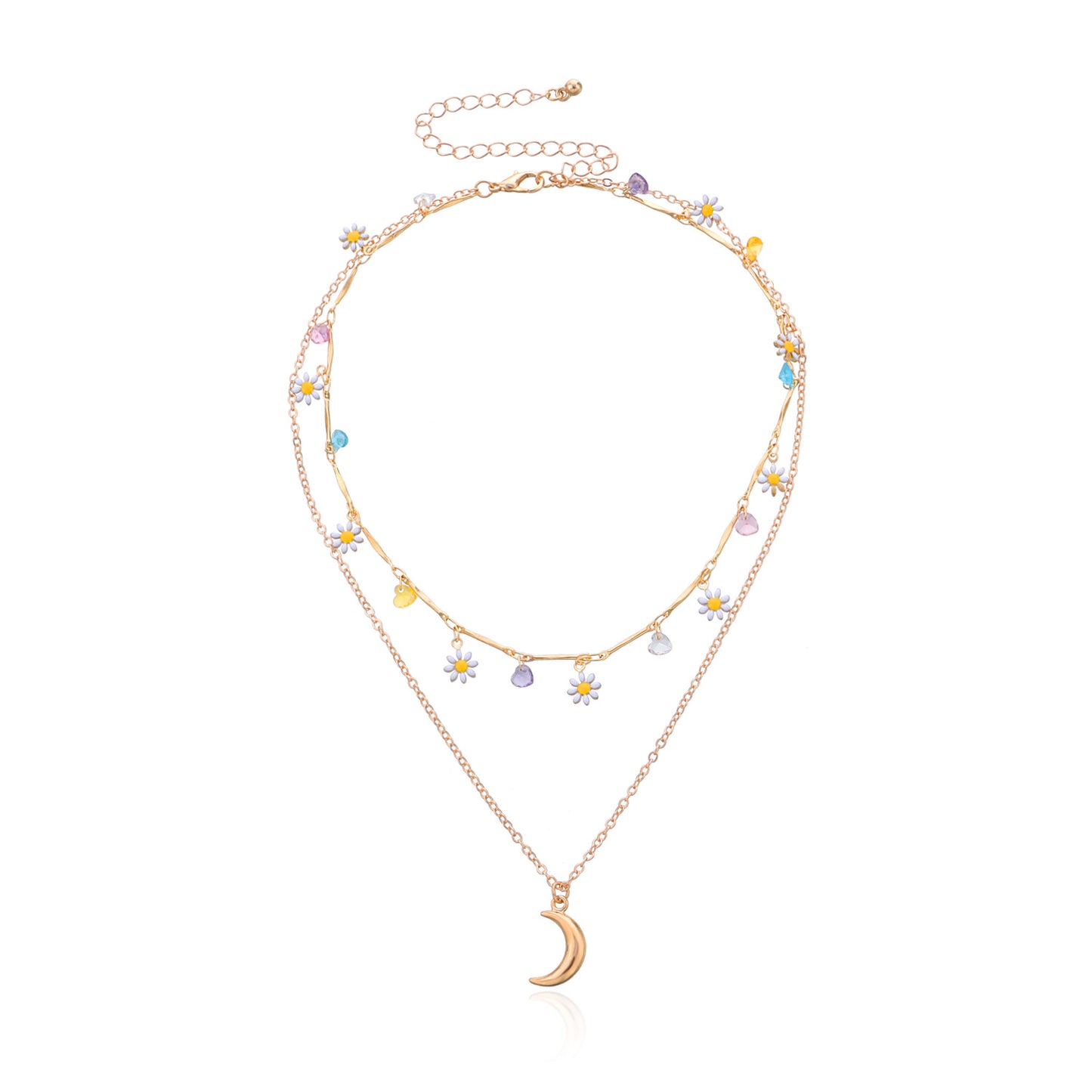 Women's Vintage Minimalist Moon Pendant Necklace with Floral Rhinestone, Alloy Plated Short Collar Chain
