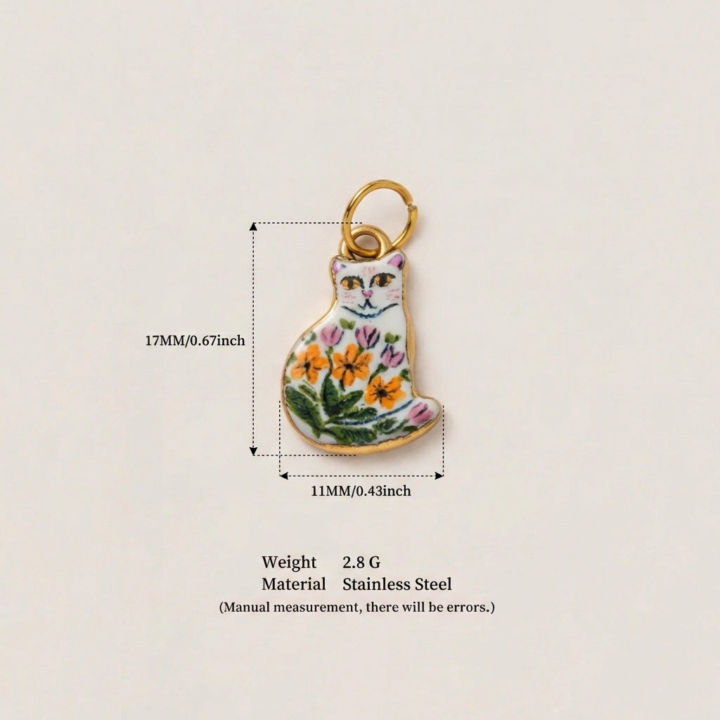 Cute Cat Animal Shape Stainless Steel Ceramic Drip Oil Plated Charm Bar Pendant