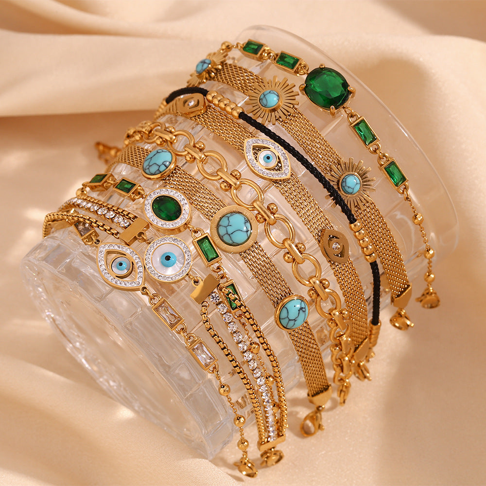 Bracciale da donna in acciaio inossidabile placcato oro 18 carati con occhio di Allah, design geometrico vintage e intarsi in pietra naturale
