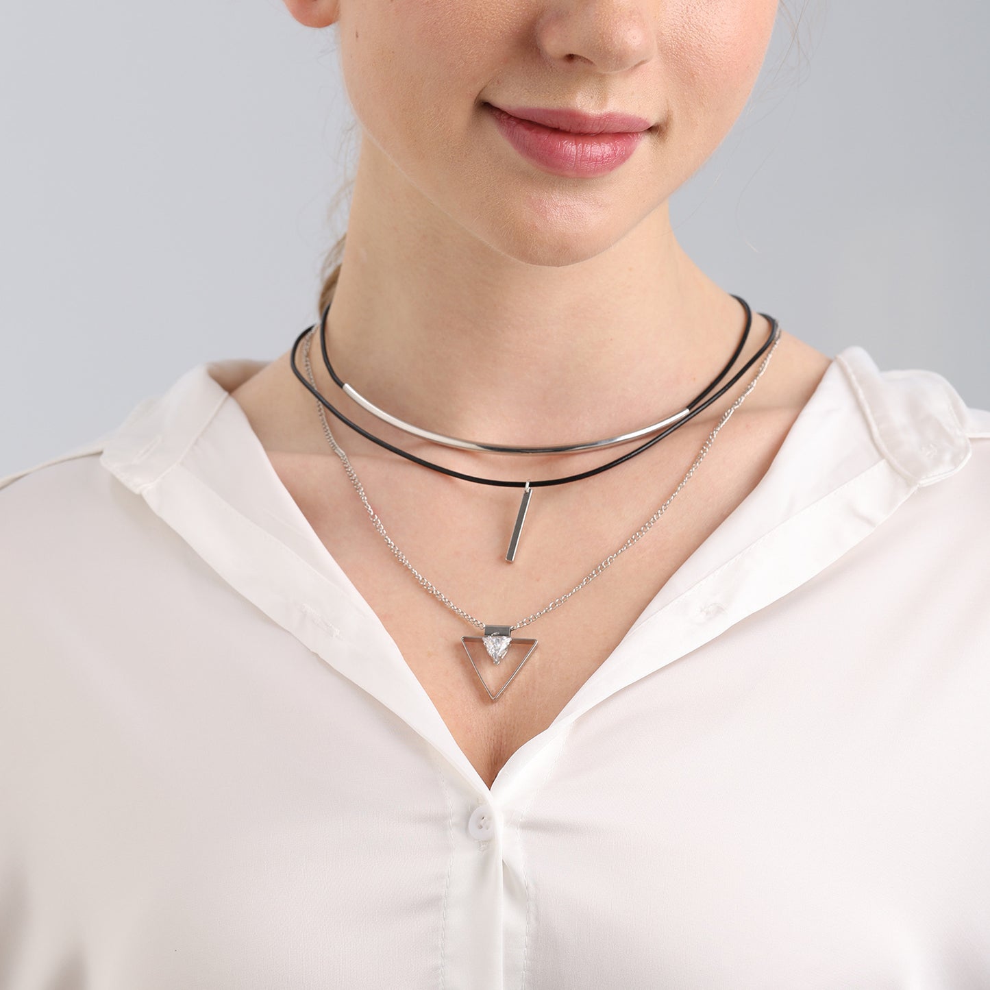 Geometric Triangle Zircon Pendant Necklace for Women with Alloy Chain and Electroplated Finish, Multi-Layer Clavicle Necklace